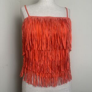 Sterling and Stitch Orange Silver Studded Fringe Stretch Halter Top Sz Small EUC